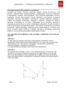 Matemática I - Problemas de Máximos y Mínimos